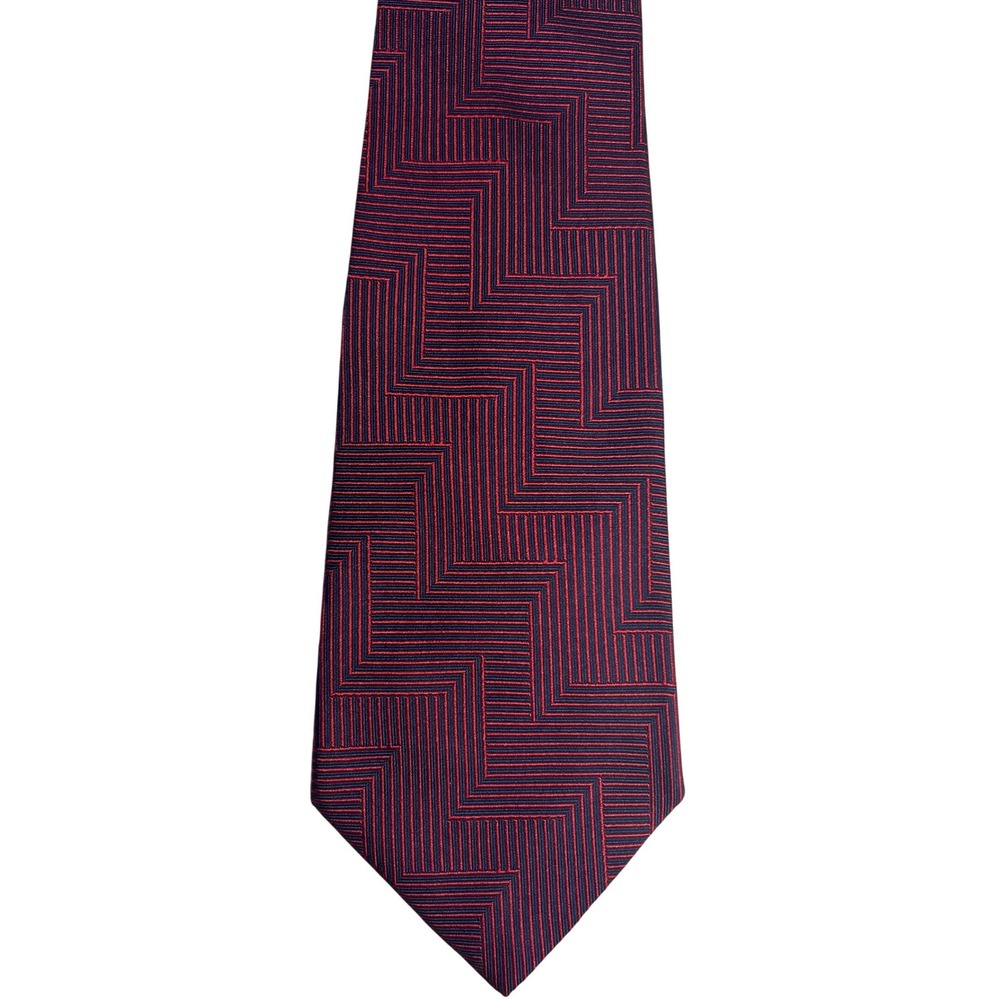 Polo Ralph Lauren Mens Silk Tie Blue Red Geometric Maze Pattern USA Made 4" Wide